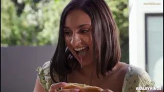 Hailey Rose spits cum on a hot dog like a line of mustard and takes a bite of the cum hot dog